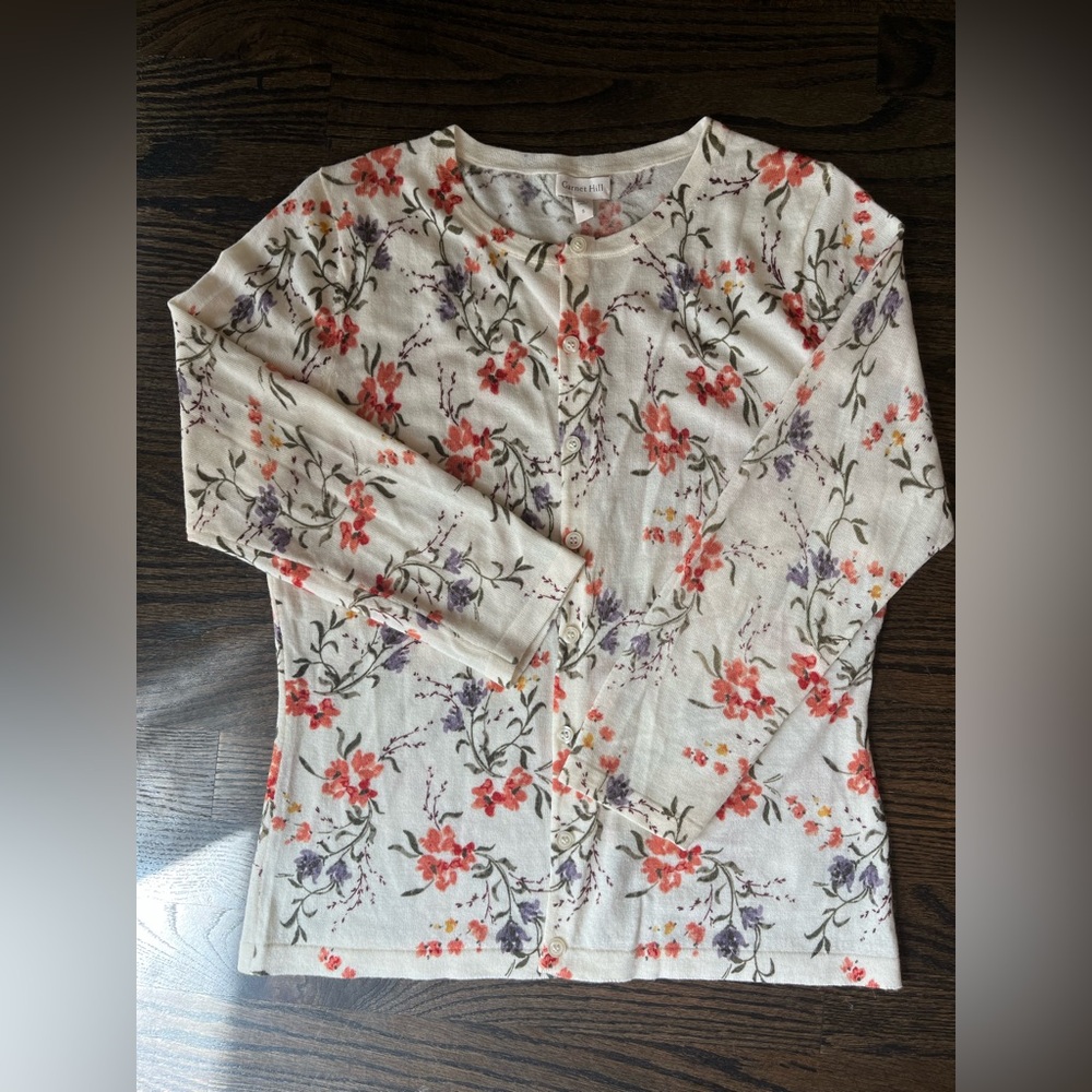 Garnet Hill 100% Merino Wool Spring Floral Cardigan Lightweight Size S